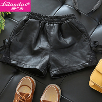 Lilan Duo PU leather pants children autumn and winter wear boots Korean autumn and winter pants girl shorts warm