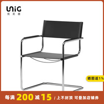 Uniju) Retro Saddle Leather Armchair Medieval Simple Designer Stainless Steel Backrest Leather Dining Chair