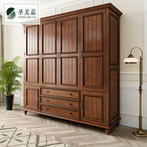 American full solid wood wardrobe 3-door 4-door wardrobe country bedroom household old retro style pair of flat door large wardrobe