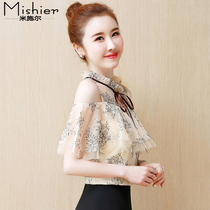 Chiffon shirt short-sleeved womens 2021 new summer fashion fashion trend line leak shoulder lace coat foreign-style small shirt