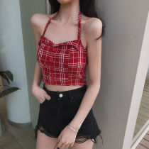 Han Feng heart machine backless Plaid hanging neck sling vest female high waist slim naked short sexy top