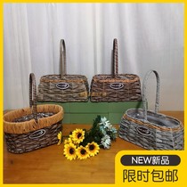 Straw weaving Yilin craft new creative hand-woven pastoral green dill flower pot flower arrangement flower basket rattan weaving portable wall hanging
