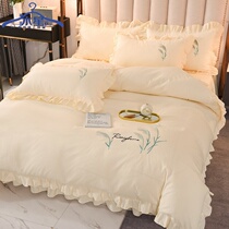 Korean Version Full Cotton Bed Skirt Four Pieces Princess Wind Biathlon Lace Quilt Cover Bed Cover Naked Sleeping Pure Cotton Bed Bedding Thickening