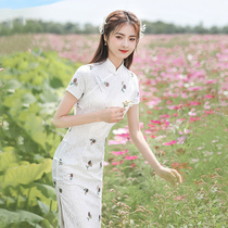 Improved cheongsam Women summer 2021 new long vintage flowers young lace eroded bone dress fresh and elegant