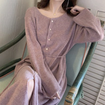 French vintage gentle knitted dress women 2021 Autumn New thin temperament over the knee knee-top sweater skirt