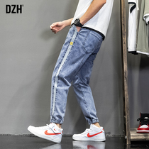 DZH boys pants ins Hong Kong wind elastic waist light blue toe autumn jeans mens Tide brand loose casual pants