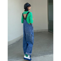 BAYUE August denim bib womens Korean version loose high waist thin 2020 autumn and winter thin wide-leg pants tide