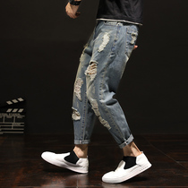 Summer and autumn trend nine-minute jeans men hip-hop hole beggar pants loose and large fat man Harlen