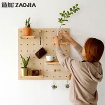 Solid wood hole board household living room TV background wall decoration creative lattice wall hanging wall storage shelf