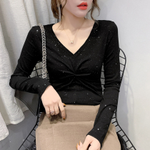 Europe station 2020 spring new slim slim V-neck pleated knotted design sense of wild T-shirt womens long-sleeved top