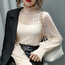 2021 spring new lace base shirt womens long-sleeved mesh fashion exquisite inner tie small shirt foreign chiffon top