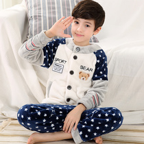  Coral velvet childrens pajamas winter thickened plus velvet boys middle and large children autumn and winter boys flannel home clothes