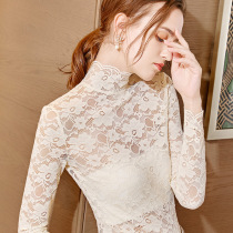 2021 new spring and autumn long sleeve T-shirt perspective Sexy Slim foreign style shirt half high collar lace base shirt