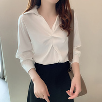 2020 spring and summer new Korean version retro port wind v-neck white chiffon shirt women loose thin wild top tide