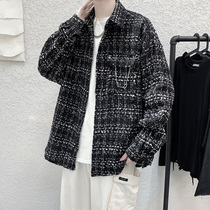 handsome jacket men ins Tide brand Hong Kong style plaid woven coat spring and autumn Korean loose casual tooling jacket