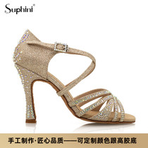 Suphini boutique handmade custom color drill adult female style gold high heel gift national label precisely ballroom dancing shoes