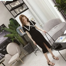 Summer 2020 new womens short sleeve Medium-length dress doll collar color front split slim waist hip dress