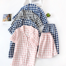Couple pyjamas pure cotton gauze plaid short sleeve shorts male ladys home summer sweatshirt thin family home suit suit