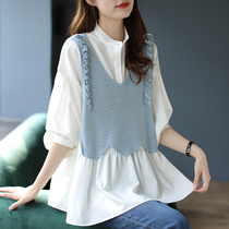 Baoshili fake two-piece knitted stitching Chiffon shirt womens 2021 spring new shirt loose and wild top