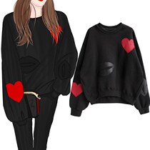 Black Sweater Women 2021 Spring and Autumn New Korean Loose Joker Pure Color Print Couple Round Neck Top Tide