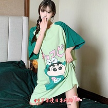 Soft Honeysize Sleeping Skirt Woman Summer Pure Cotton Slim short sleeves Cute Cartoon Crayon Small New Pyjamas