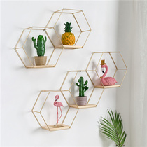 Hexagonal Wall Shelf Free To Punch Iron Art Wall-mounted Wall Creative Division Solid Wood Lattice Pendulum Pieces Shelf