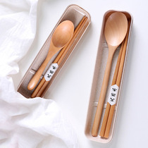 Japanese wooden chopsticks spoon set creative students adult travel campus tableware portable spoon chopsticks three sets