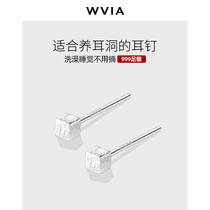 999 foot silver square earrings female sterling silver small exquisite temperament sleep free earrings raise ear hole ear stick earrings