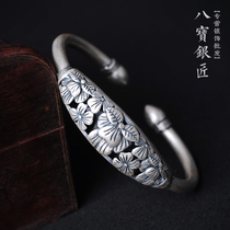 Babao Silversmith S990 foot silver bracelet retro National style Korean original opening hollow Lotus sterling silver female bracelet