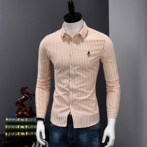  Tide brand shirt mens long-sleeved Korean version of the trend of autumn slim-fit mens handsome striped shirt Hong Kong style casual mens inch clothes