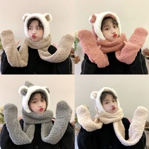 Rabbit ear wool cap student cute bear scarf hat glove female one winter warm plush collar tide