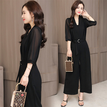 2021 summer dress new chiffon jumpsuit fashion high waist slim seven-point sleeve black wide leg trousers jumpsuit women