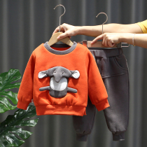 Boys winter clothes plus velvet suits baby baby Foreign style thick cartoon two-piece baby warm tide clothes