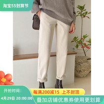 Rice White Straight Silo Jeans Women Winter Plus Suede 2021 Slim Fit High Waist Loose Broadlegged Old Daddy Pants Autumn Clothing