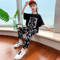 Girls suit summer 2021 new foreign style childrens net red childrens summer fashion sports short-sleeved two-piece set tide