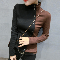 Europe station 2020 autumn and winter new high collar stitching velvet long-sleeved T-shirt womens fashion foreign style base shirt European goods tide