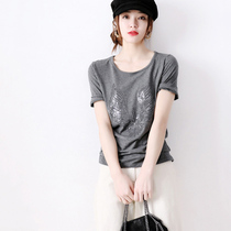Japanese light luxury fashion casual simple small loose round neck eagle pattern summer sequin short sleeve T-shirt female heavy industry