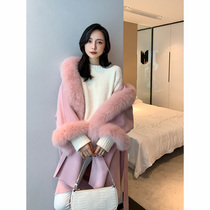 Clearance 2021 Autumn Winter New hooded fox fur cape double-sided cashmere coat women long coat