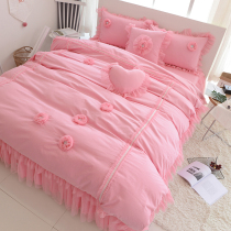 Korean gong zhu feng pink flower lace cotton chuang qun shi cotton four set simple style 1 8m bedding