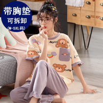 Pajamas with chest pads womens summer pure cotton short-sleeved trousers cute cartoon large size 200 catties can be worn outside the home clothes suit