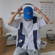 Camarmark net red overalls shirt male BF neutral uppie handsome in summer handsome gas splicing striped shirt 2022 tide