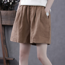 Han Suoyi retro casual hot pants high waist cotton linen five wide leg pants loose thin solid color linen shorts women