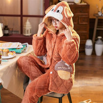 (Thickened cotton) plus velvet thickened three-layer cotton pajamas womens new coral velvet warm home clothing