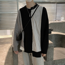 HOZI light mature wind niche design sense black and white contrast stripes irregular stitching loose lazy wind sweater male tide