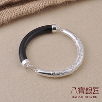 Flower blossom Fugui ebony black sandalwood bracelet sterling silver female retro style original handmade silver bracelet open buckle to send girlfriend Lady