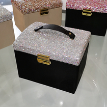 Diamond-mounted portable hand jewelry box necklace ring storage box Crystal household multi-function with mirror jewelry box