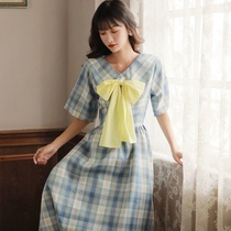 2021 Spring New temperament Japanese gentle style dress casual blue lattice skirt thin Medium-length dress women tide