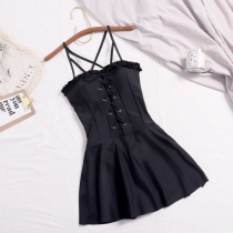 ins soak hot spring Super fairy conservative swimsuit female small chest steel support gather one-piece skirt style belly thin student swimwear