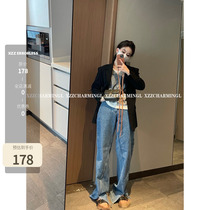 Xzz again came to ji pinty pants light blue open fork tooling straight cylinder loose high waist jeans Womens spring autumn 2021