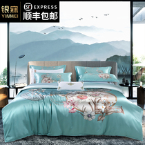 Silk Four Piece Set Heavy Double-sided 100% Mulberry Silk Sheet Printed quilt cover Silk Light Luxury Flower Bedding